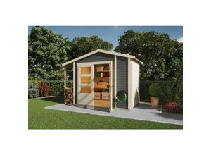 4010090993621 - Karibu Gartenhaus 19mm Multi Satteldach mit Schrank und Anbaudach terragrau inkl Fußboden & Dacheindeckung