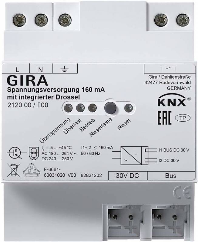 4010337023210 - GIRA 212000 Spannungsversorgung 160mA Drossel KNX REG