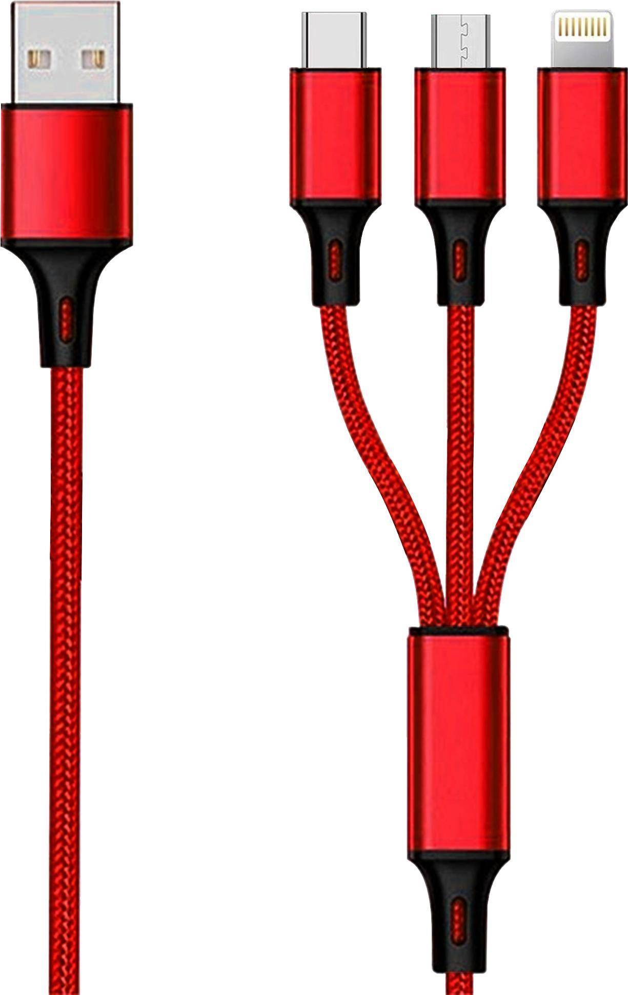 4010425971508 - 3in1 USB Ladekabel Micro-USBAppleTypeC Nylon 15m rot