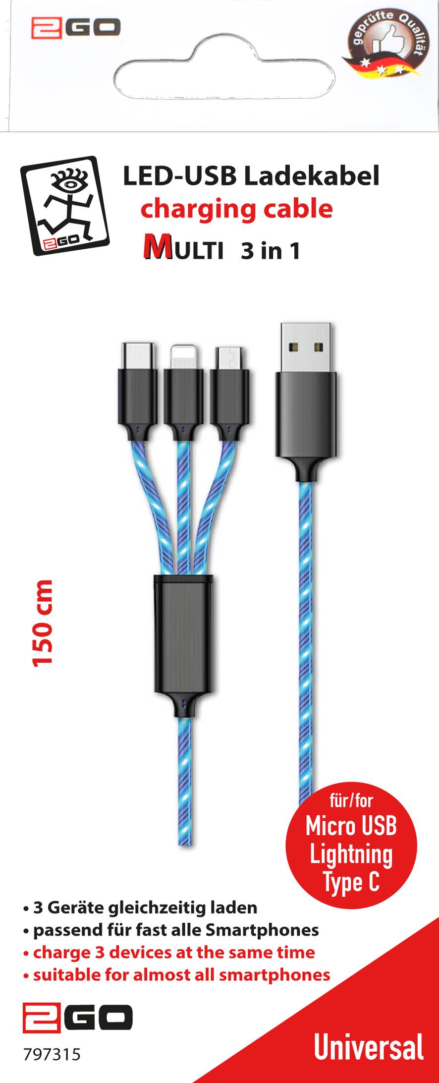 4010425973151 - 3in1 USB LED Kabel blau Micro-USBLightningUSB-C 15m