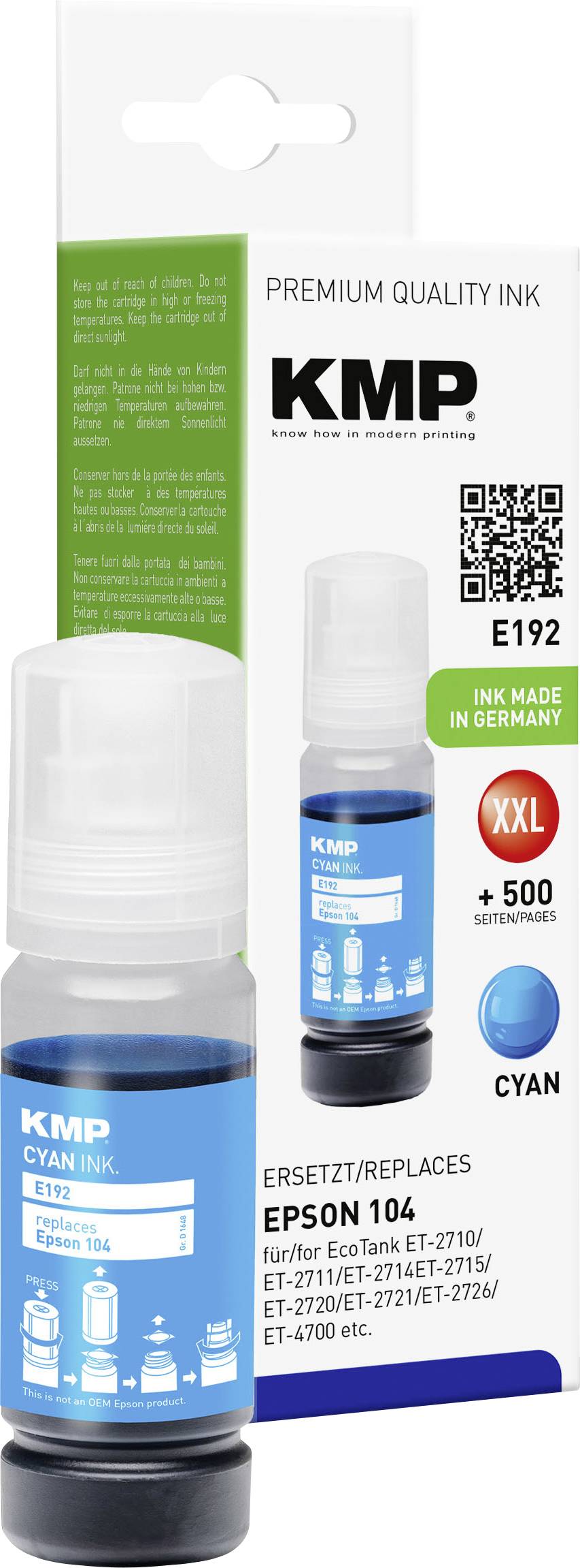 4011324372649 - E192 - cyan - compatible - ink refill (alternative for Epson 104) - Nachfülltinte Cyan