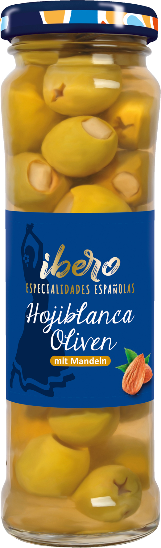 4013200555412 - ibero Grüne Hojiblanca Oliven mit Mandeln 150g