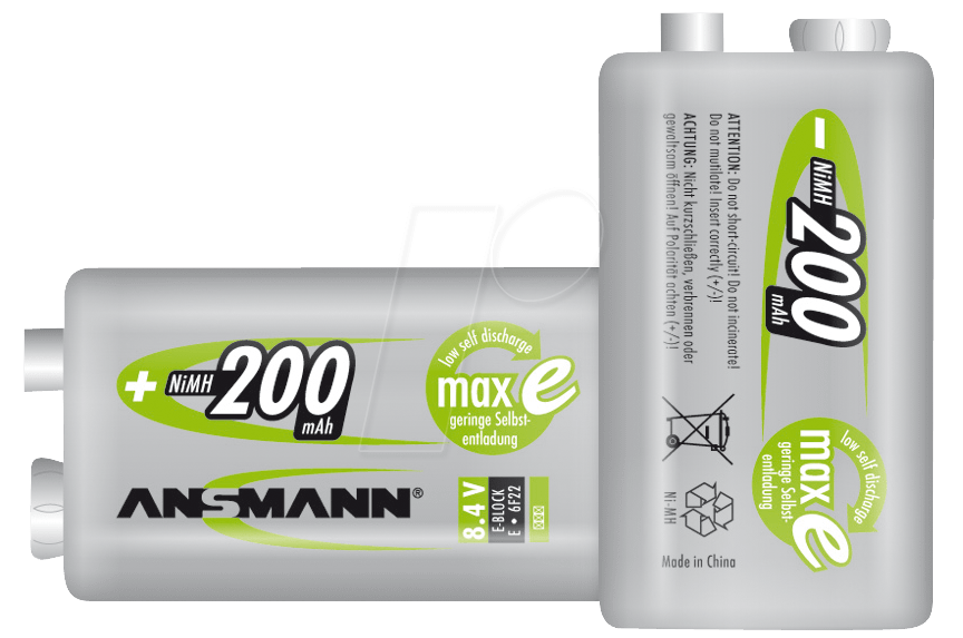 4013674353422 - ANSMANN maxE 6F22 E-Block (9V) Akku NiMH 84 Volt 200 mAh 1 Stück