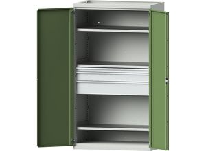 4014641095451 - eurokraft pro Schwerlastschrank aus Stahl 3 Fachböden Schubladen 1 x 60 mm 1 x 120 mm 1 x 180 mm hoch lichtgrau resedagrün