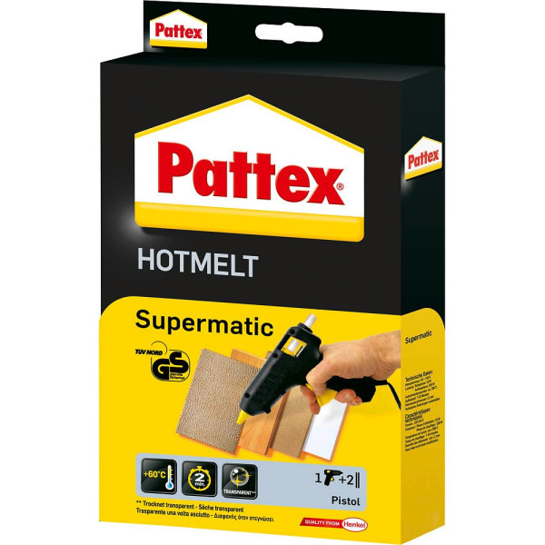 4015000087162 - Heißklebepistole Pattex® Hotmelt Supermatic mechanischer Vorschub elektronischer Temperaturregler Standbügel 2 Heißklebesticks schwarz-gelb