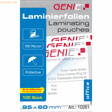 4015468102612 - GENIE Laminiertaschen 100 im Visitenkartenformat - Folien