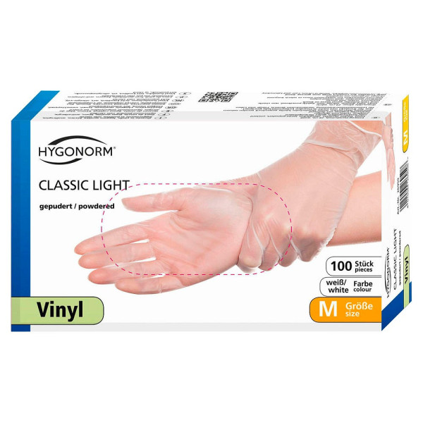 4015544269192 - Hygonorm® Vinylhandschuhe Classic Light gepudert transparent Einweghandschuh ist nur für Kontakt mit nicht-fettenden Lebensmitteln geeignet 1 Packung = 100 Stück Größe L