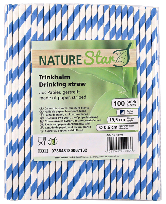 4015544421064 - NATURESTAR Classic Papier-Trinkhalme gestreift 197 cm 100% biologisch abbaubare ungebleichte Strohhalme aus Papier 1 Packung = 100 Stück dunkelblau-weiß