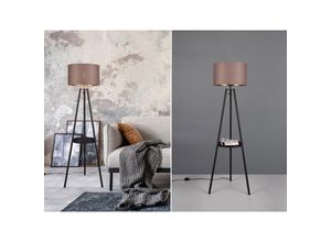 4017807574548 - Reality Leuchten - Tripod Stehleuchte colette mit Stoffschirm in Taupe Gold & Ablagetisch h 152cm