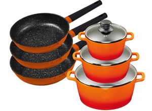 4019256020256 - KING Topf-Set Shine Orange Aluminiumguss (Set 9-tlg je 1 Kochtopf mit Deckel 18  20 24 cm je 1 Bratpfanne 20 24 28 cm) Induktion orange