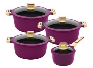 4019256020416 - Kochtopf KING GOURMET Töpfe lila (aubergine) Topfset Topfsets Induktion matte Oberfläche Set + 3 Töpfen 1 Stieltopf 4 Glasdeckel