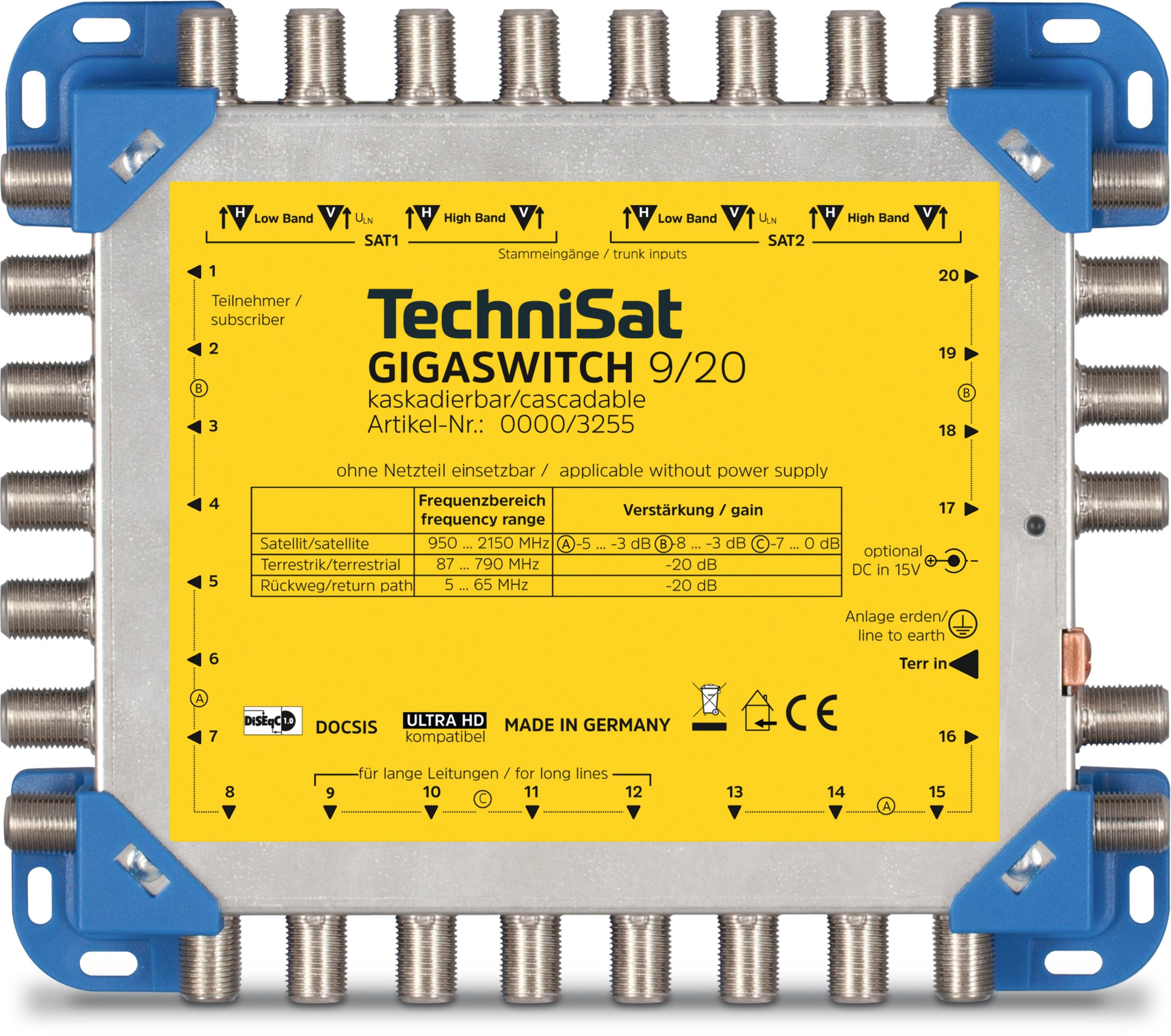 4019588032552 - TechniSat GigaSwitch 9 20 - Multiswitch Satelliten- terrestrisches Signal - Blau Gelb (0000 3255)