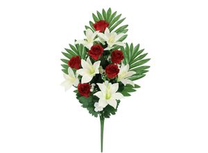 4019844757618 - Kunstblume IGEA Aufleger Rosen Lilien rot (rot weiß) B48cm H14cm L24cm Polyester Kunstpflanzen Bouquet Strauß Blume Tischdeko Deko Grabdeko Grableger Grabschmuck
