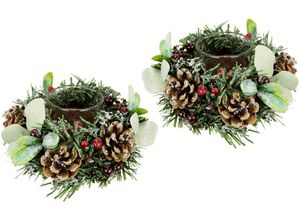 4019844765033 - Teelichthalter IGEA Weihnachtsdeko Kerzenhalter Kerzenhalter Gr B H T 15 cm x 7 cm x 15 cm grün Windlichter Laternen mit Zapfen Beeren und Mistel beschneit inkl Glaseinsatz Ø 15 cm