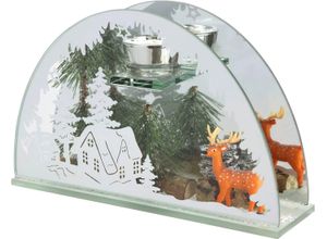 4019844771317 - Teelichthalter IGEA Weihnachtsdeko Kerzenhalter Deko-Objekt Kerzenhalter Gr B H T 25 cm x 15 cm x 7 cm farblos (transparent) Windlichter Laternen aus Spiegelglas mit Hirsch-Deko in Winterlandschaft Höhe ca 15 cm