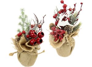 4019844789350 - Winterliche Kunstpflanze IGEA Weihnachtsgesteck in Jute Weihnachtsdeko im 2er Set Kunstpflanzen Gr Ø H 10 cm x 20 cm 2 St rot Kunstpflanzen Kunstblumen-Arrangement 1x mit Horn und Hirsch