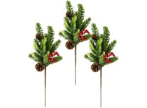 4019844793852 - Winterliche Kunstpflanze Kunstzweig Weihnachtsdeko Tannenzweig IGEA Höhe 45 cm mit echten Zapfen und Beeren 3er Set grün rot natur bunt|grün|rot