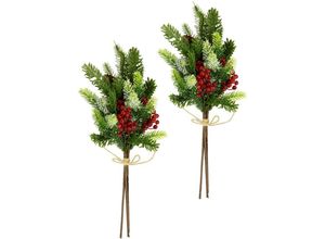 4019844793876 - Winterliche Kunstpflanze IGEA Kunstzweig Dekozweig aus Kunststoff Weihnachtsdeko bunt (grün rot) B18cm H40cm T10cm Kunststoff Kunstpflanzen mit echten Zapfen Beeren und Schleife geeist 2er Set grün rot