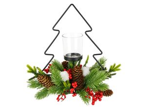 4019844799199 - Teelichthalter IGEA Dekofigur Metall-Tannenbaum mit Glaseinsatz grün (grün rot) B20cm H25cm Metall Kerzenhalter Tannenzweige Zapfen Kerzenhalter Dekolicht Weihnachtsdeko Windlicht