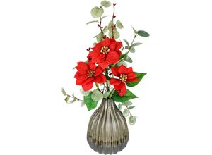 4019844806224 - Winterliche Kunstpflanze IGEA Gesteck mit Poinsettia in Keramikvase Eukalyptuszweigen Kunstpflanzen Gr Ø H 14 cm x 46 cm 1 St rot Kunstpflanzen Kunstblumen Arrangement Weihnachtsdeko