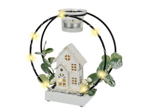 4019844812935 - Kunstkranz IGEA Teelichthalter Deko-Kranz weiß schwarz grün B18cm H20cm L8cm Metall Kunstpflanzen Mit LED Licht Teelichtkerze Eukalyptus Haus Lichterkette