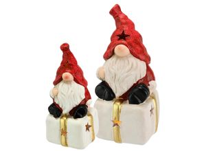 4019844816513 - Dekofigur IGEA Wichtel auf Geschenk rot (weiß rot) B6cm H13cm Terrakotta Dekofiguren Mit LED 2er Set Weihnachtsdeko Kunstfigur Deko Statue Skulptur