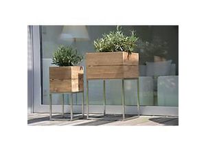 4021224987584 - Pflanzbehälter Mini Garden Edelstahl reyceltes Teak-Holz B 250 x T 250 x H 530 mm