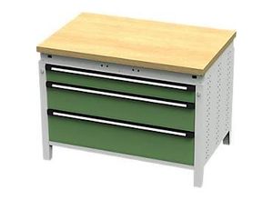 4024733014277 - Otto Kind Breitfachwerkbank Typ 410 Buche Multiplexplatte bis 1200 kg B 1152 x T 750 x H 850 mm Stahl Zentralverschluss lichtgrau resedagrün