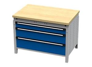 4024733014352 - Otto Kind Breitfachwerkbank Typ 410 Buche Multiplexplatte bis 1200 kg B 1152 x T 750 x H 850 mm Stahl Zentralverschluss weißaluminium enzianblau