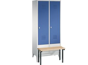 4025314574326 - CLASSIC Garderobenschrank mit vorgebauter Sitzbank 2 Abteile Abteilbreite 400 mm lichtgrau   enzianblau