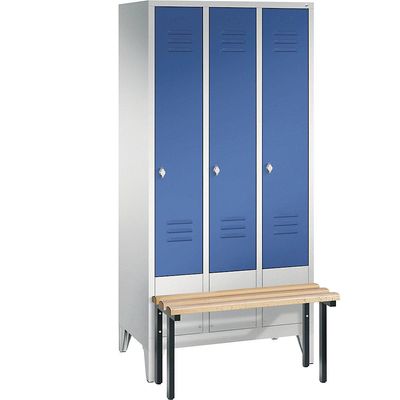 4025314574586 - CLASSIC Garderobenschrank mit vorgebauter Sitzbank 3 Abteile Abteilbreite 300 mm lichtgrau   enzianblau