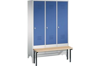 4025314575538 - CLASSIC Garderobenschrank mit vorgebauter Sitzbank 3 Abteile Abteilbreite 400 mm lichtgrau   enzianblau