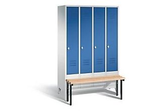 4025314575835 - CLASSIC Garderobenschrank mit vorgebauter Sitzbank 4 Abteile Abteilbreite 300 mm lichtgrau   enzianblau