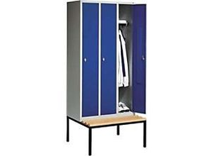 4025314589986 - Garderobenschrank untergeb Sitzbank BxTxH 1190x500x2090 mm 4 Abteile AbtB 300 mm Holzleisten Drehriegel ral 7035 5010