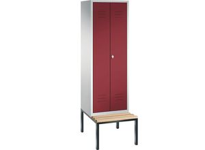 4025314602395 - CLASSIC Garderobenschrank mit untergebauter Sitzbank zueinander schlagende Türen 2 Abteile Abteilbreite 300 mm lichtgrau   rubinrot