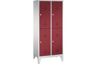 4025314674675 - CLASSIC Garderobenschrank mit Füßen doppelstöckig 2 Abteile je 2 Fächer Abteilbreite 400 mm lichtgrau   rubinrot