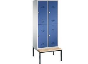 4025314690248 - CLASSIC Garderobenschrank mit untergebauter Sitzbank doppelstöckig 2 Abteile je 2 Fächer Abteilbreite 400 mm lichtgrau   enzianblau