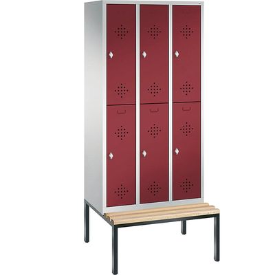 4025314691108 - CLASSIC Garderobenschrank mit untergebauter Sitzbank doppelstöckig 3 Abteile je 2 Fächer Abteilbreite 300 mm lichtgrau   rubinrot