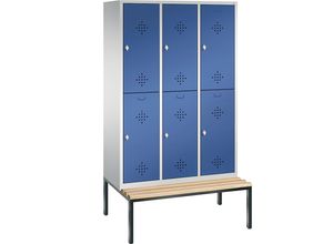 4025314691481 - CLASSIC Garderobenschrank mit untergebauter Sitzbank doppelstöckig 3 Abteile je 2 Fächer Abteilbreite 400 mm lichtgrau   enzianblau