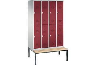 4025314692198 - CLASSIC Garderobenschrank mit untergebauter Sitzbank doppelstöckig 4 Abteile je 2 Fächer Abteilbreite 300 mm lichtgrau   rubinrot