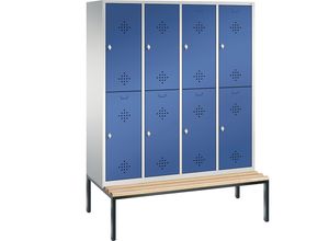 4025314693317 - CLASSIC Garderobenschrank mit untergebauter Sitzbank doppelstöckig 4 Abteile je 2 Fächer Abteilbreite 400 mm lichtgrau   enzianblau