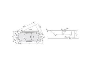 4027386246590 - Koralle Badewanne T200 205 R Acryl 6eckig 2020x800x450 weiß Überlauf vorn VL175202080201