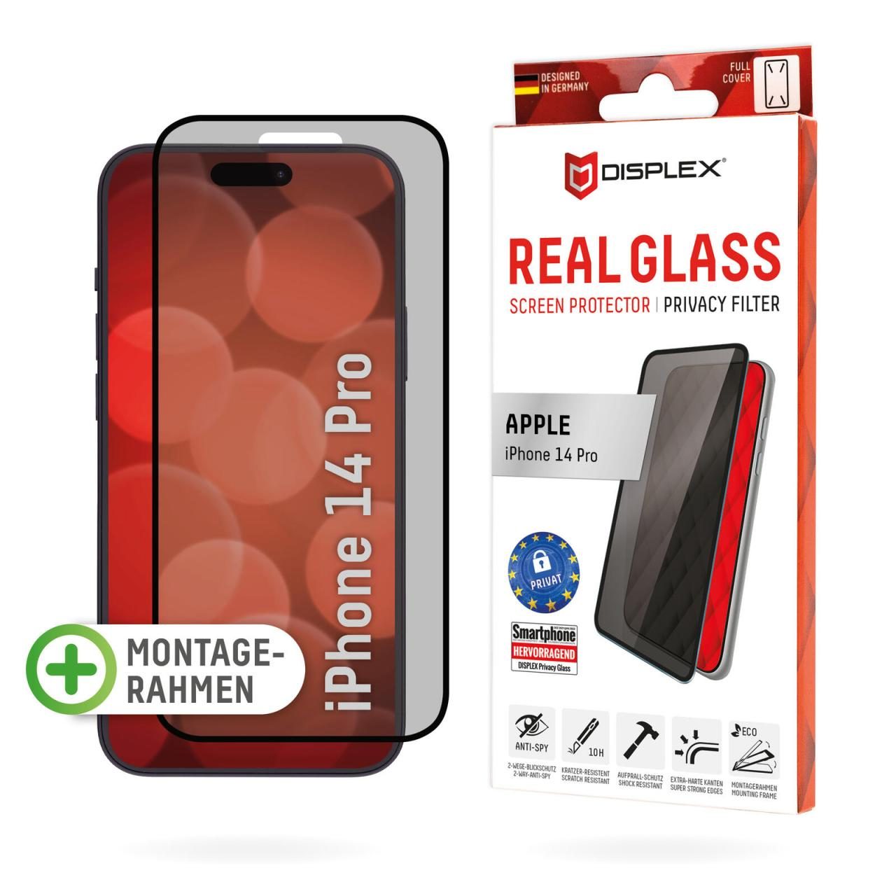 4028778118228 - 0 DISPLEX Privacy Panzerglas (10H) für Apple iPhone 14 Pro Eco-Montagerahmen Privacy Filter