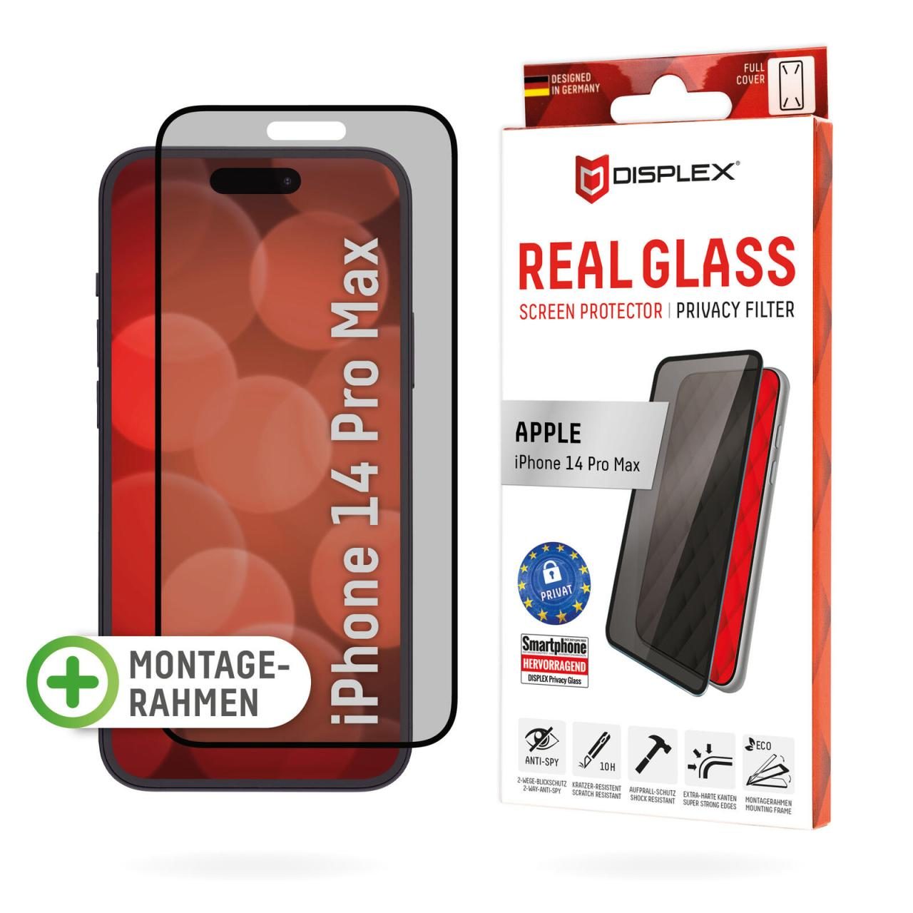 4028778118242 - 0 DISPLEX Privacy Panzerglas (10H) für Apple iPhone 14 Pro Max Eco-Montagerahmen Privacy Filter