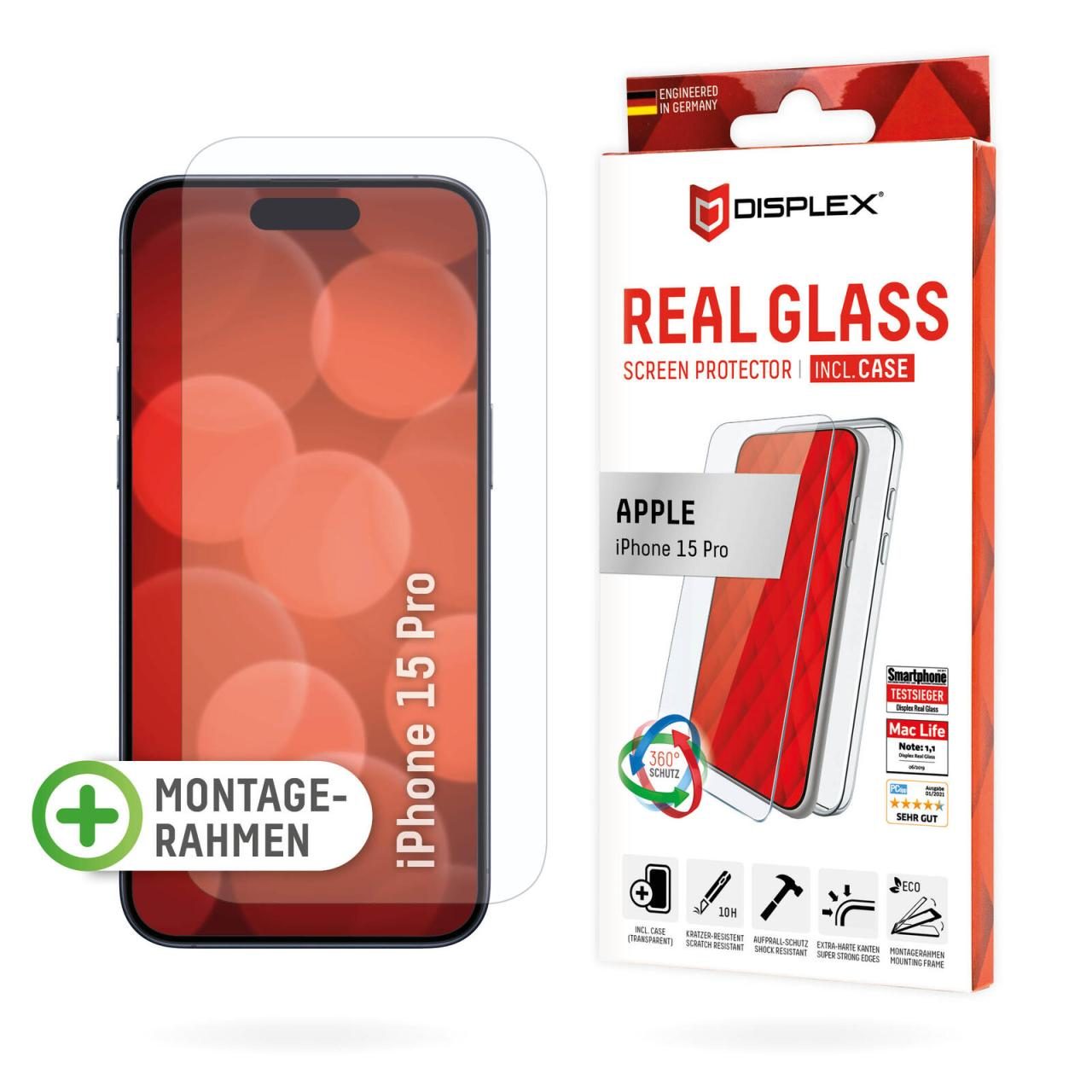 4028778120894 - DISPLEX Panzerglas + Schutzhülle für Apple iPhone 15 Pro Eco-Montagerahmen kratzer-resistent