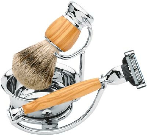 4031683063217 - Shaving Shop Rasierset vierteilig Olivenholz Gillette Mach 3 mit Schale