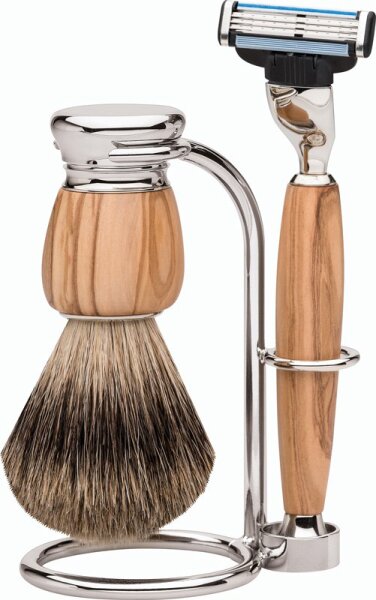 4031683731369 - Erbe Shaving Shop Premium Design MILANO Rasiergarnitur Dachshaar & Mach3 Olivenholz