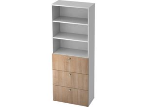 4032062145098 - eurokraft pro Kombi-Schrank 2 Fachböden 3 Hängeregistraturschübe weiß   Nussbaum-Dekor