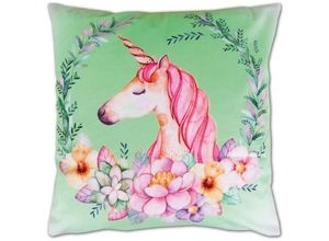 4035179114049 - Bestlivings - Kissenbezug Fotodruck Motiv in 40x40 cm Flauschig weiche Kissen-Hülle in vielen Motiven erhältlich ( Design Einhorn Grün ) - Einhorn