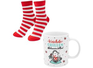 4036018511227 - Sheepworld Tassen-Socken-Set bestehend aus einer Tasse mit Motivdruck Kuscheln Chillen Glühwein killen! und einem Paar Socken in Größe 36-40